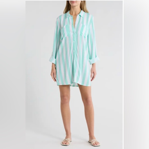 Betsey Johnson Striped Beach Cover-Up Shirt, Seafoam - Picture 9 of 12